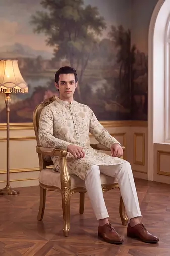 off white linen blend ethnic motifs printed kurta 
