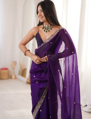 Purple tissue satin embroidered saree with unstitched blouse piece. 1