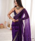 Purple tissue satin embroidered saree with unstitched blouse piece.