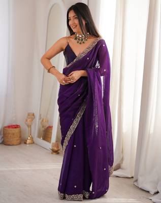 Purple tissue satin embroidered saree with unstitched blouse piece. 2