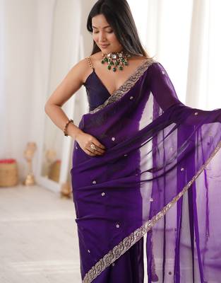 Purple tissue satin embroidered saree with unstitched blouse piece. 5