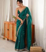Rama tissue satin embroidered saree with unstitched blouse piece.