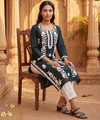 Women’s green viscose rayon embroidered regular kurta | elegant ethnic wear for women 3