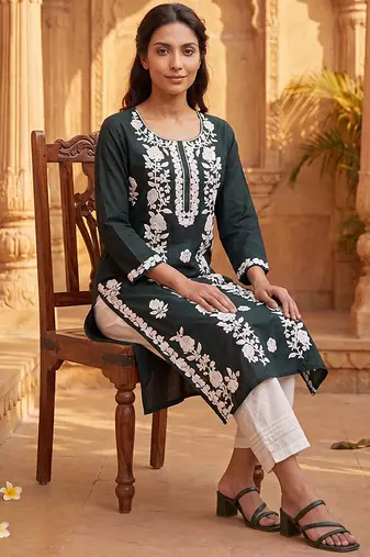Women’s green viscose rayon embroidered regular kurta | elegant ethnic wear for women