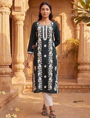 Women’s green viscose rayon embroidered regular kurta | elegant ethnic wear for women 1