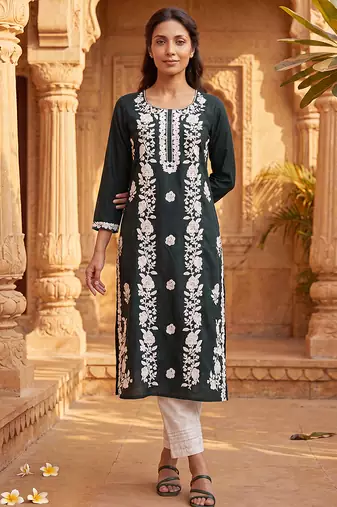 Women’s green viscose rayon embroidered regular kurta | elegant ethnic wear for women