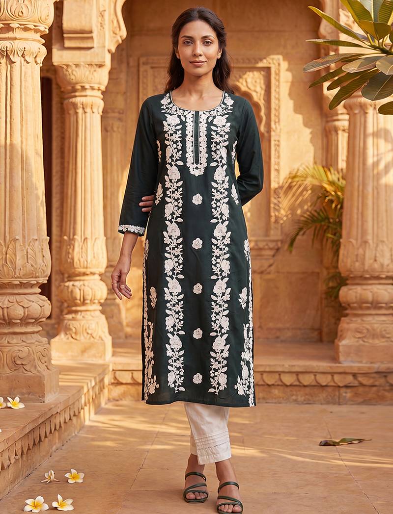 Women’s green viscose rayon embroidered regular kurta | elegant ethnic wear for women