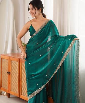 Rama tissue satin embroidered saree with unstitched blouse piece. 2