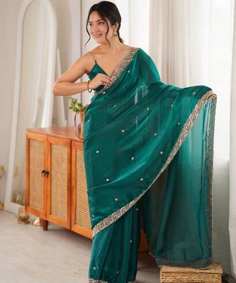 Rama tissue satin embroidered saree with unstitched blouse piece. 3