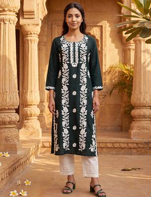 Women’s green viscose rayon embroidered regular kurta | elegant ethnic wear for women 5