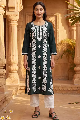 Women’s green viscose rayon embroidered regular kurta | elegant ethnic wear for women