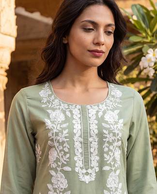 Women’s green viscose rayon embroidered regular kurta | elegant ethnic wear for women 2