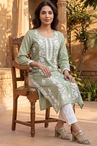 Women’s green viscose rayon embroidered regular kurta | elegant ethnic wear for women