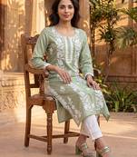 Women’s green viscose rayon embroidered regular kurta | elegant ethnic wear for women