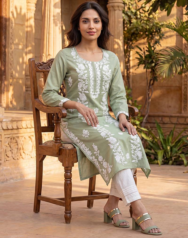 Women’s green viscose rayon embroidered regular kurta | elegant ethnic wear for women