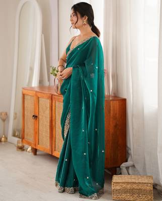 Rama tissue satin embroidered saree with unstitched blouse piece. 5