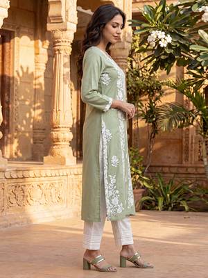 Women’s green viscose rayon embroidered regular kurta | elegant ethnic wear for women 3