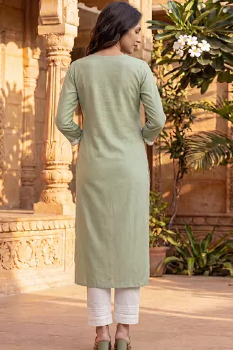 Women’s green viscose rayon embroidered regular kurta | elegant ethnic wear for women