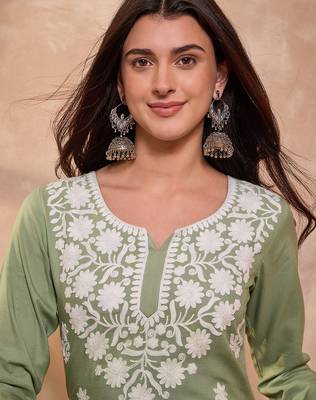 Women’s green viscose rayon solid embroidered regular top | stylish ethnic wear for women 2