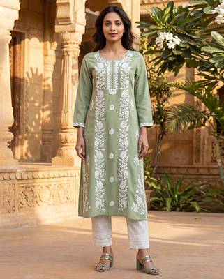 Women’s green viscose rayon embroidered regular kurta | elegant ethnic wear for women 5