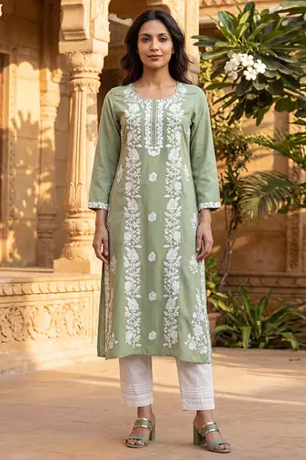 Women’s green viscose rayon embroidered regular kurta | elegant ethnic wear for women