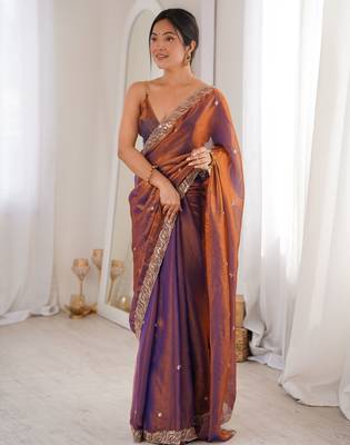 Rust tissue satin embroidered saree with unstitched blouse piece. 2