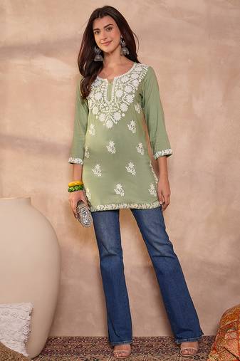 Women’s green viscose rayon solid embroidered regular top | stylish ethnic wear for women