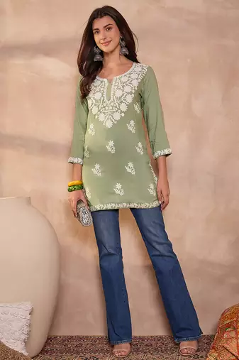 Women   s green viscose rayon solid embroidered regular top | stylish ethnic wear for women