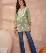 Women’s green viscose rayon solid embroidered regular top | stylish ethnic wear for women