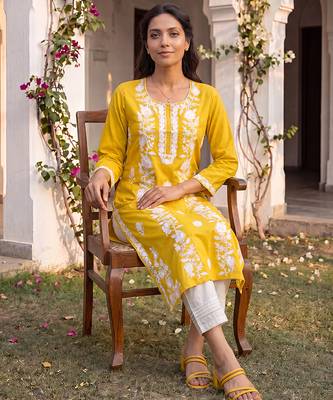 Women’s yellow viscose rayon embroidered regular kurta | elegant ethnic wear for women 1