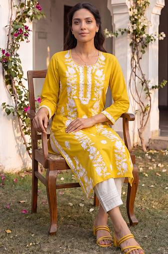 Women’s yellow viscose rayon embroidered regular kurta | elegant ethnic wear for women