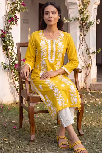 Women’s yellow viscose rayon embroidered regular kurta | elegant ethnic wear for women