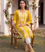 Women’s yellow viscose rayon embroidered regular kurta | elegant ethnic wear for women