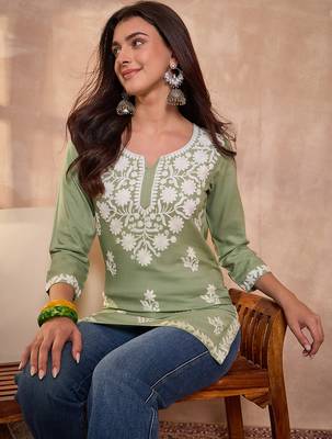Women’s green viscose rayon solid embroidered regular top | stylish ethnic wear for women 3