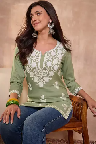 Women   s green viscose rayon solid embroidered regular top | stylish ethnic wear for women