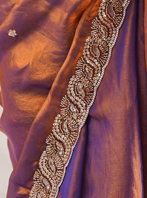 Rust tissue satin embroidered saree with unstitched blouse piece. 3