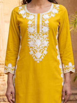 Women’s yellow viscose rayon embroidered regular kurta | elegant ethnic wear for women 2