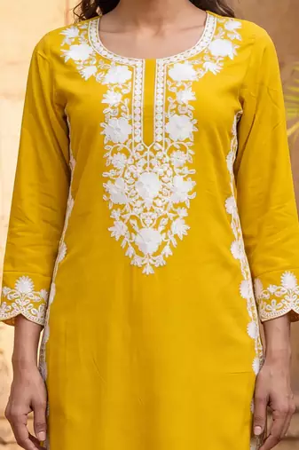 Women’s yellow viscose rayon embroidered regular kurta | elegant ethnic wear for women