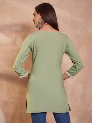 Women’s green viscose rayon solid embroidered regular top | stylish ethnic wear for women 4