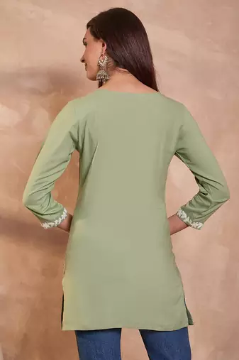 Women   s green viscose rayon solid embroidered regular top | stylish ethnic wear for women