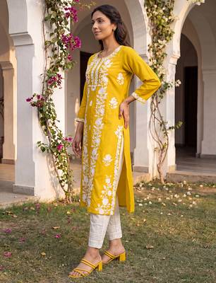 Women’s yellow viscose rayon embroidered regular kurta | elegant ethnic wear for women 3