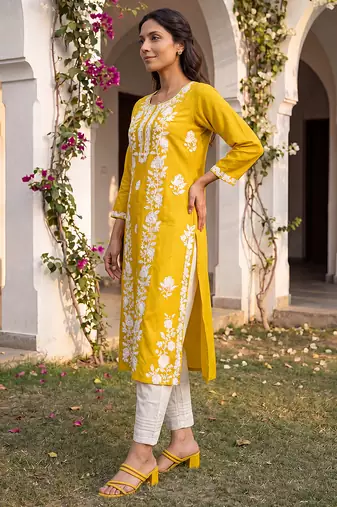 Women’s yellow viscose rayon embroidered regular kurta | elegant ethnic wear for women