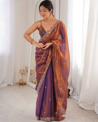 Rust tissue satin embroidered saree with unstitched blouse piece. 4