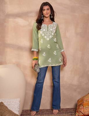 Women’s green viscose rayon solid embroidered regular top | stylish ethnic wear for women 5