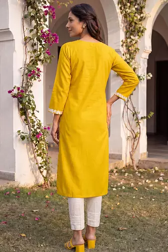 Women’s yellow viscose rayon embroidered regular kurta | elegant ethnic wear for women