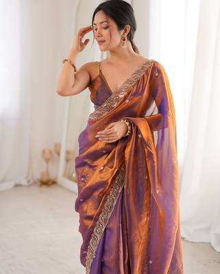 Rust tissue satin embroidered saree with unstitched blouse piece. 5