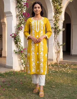 Women’s yellow viscose rayon embroidered regular kurta | elegant ethnic wear for women 5