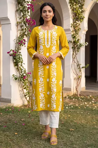 Women’s yellow viscose rayon embroidered regular kurta | elegant ethnic wear for women