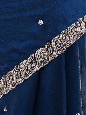 Teal tissue satin embroidered saree with unstitched blouse piece. 3