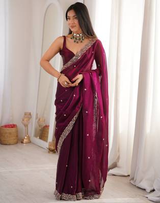 Wine tissue satin embroidered saree with unstitched blouse piece. 2